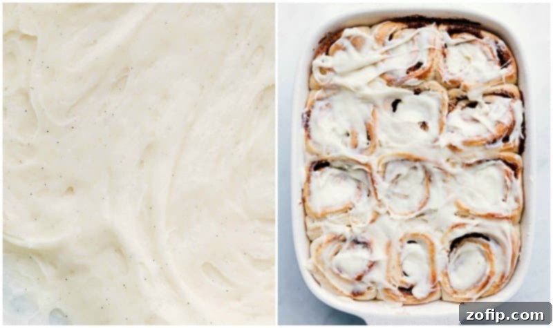 Frosting Warm Homemade Cinnamon Rolls Process shot of the cream cheese frosting being added to the warm Homemade Cinnamon Rolls.