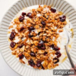 A close-up shot of golden-brown Honey Almond Granola, rich with toasted oats and almonds, showcasing its irresistible crunch and texture.