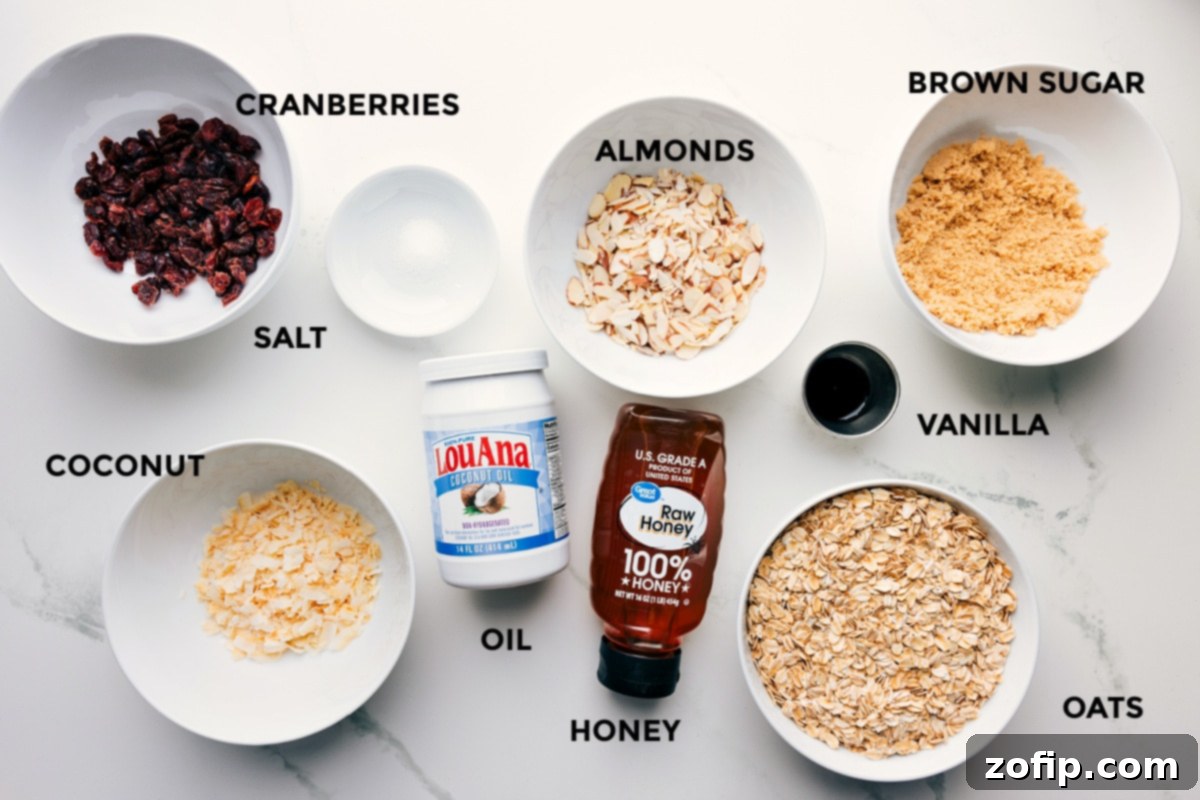 All the essential ingredients for creating homemade Honey Almond Granola laid out on a clean surface: whole rolled oats, sliced almonds, golden honey, melted coconut oil, brown sugar, vanilla extract, salt, dried cranberries, and toasted coconut flakes.