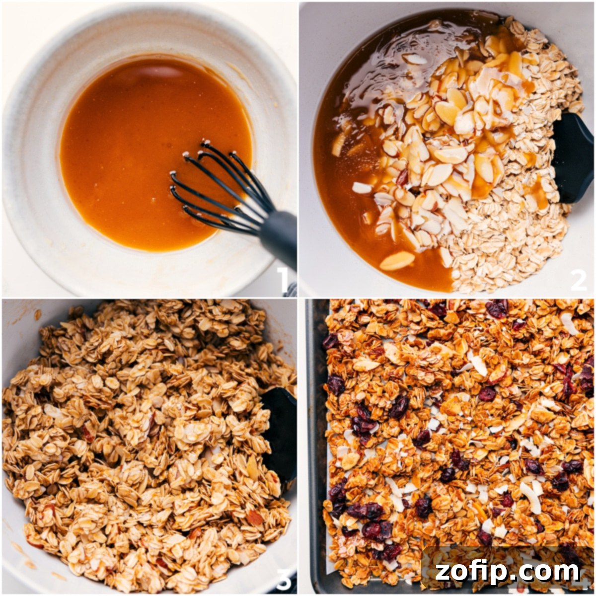 A visual progression of making Honey Almond Granola: first, melted coconut oil, honey, vanilla, and salt are whisked together in a bowl; then, the wet mixture is poured over oats and almonds in a larger bowl and stirred until thoroughly combined; finally, the mixture is spread in an even, flat layer on a parchment-lined baking sheet, ready for baking.