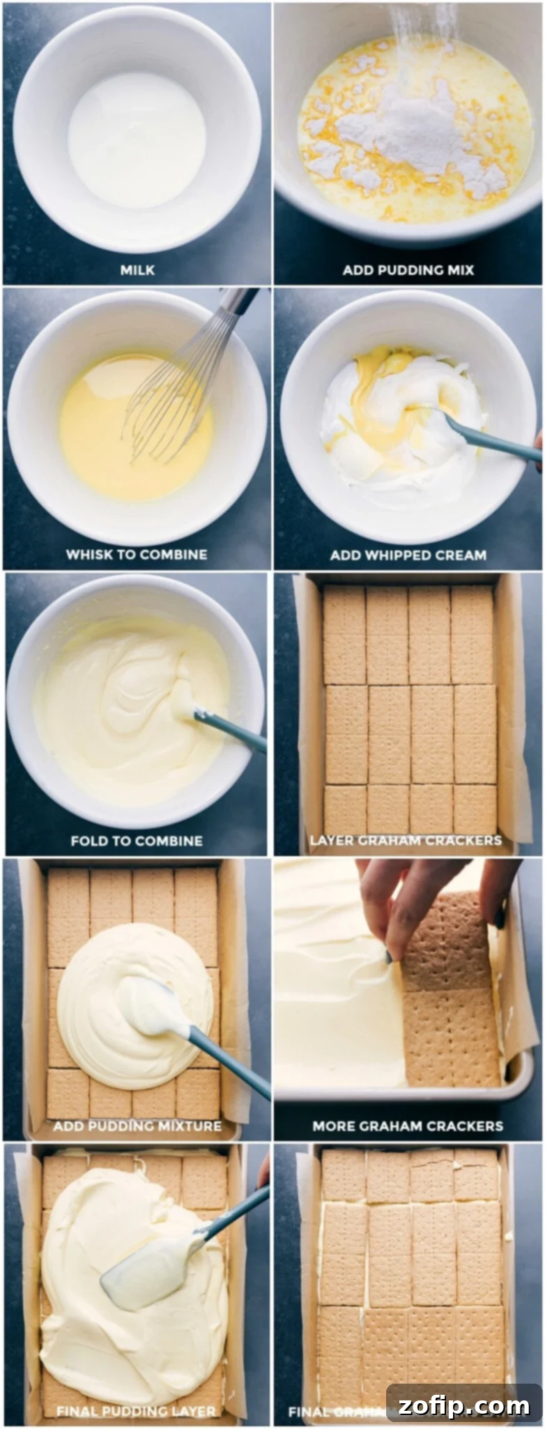 Preparation: Creating Layers of Pudding and Graham Crackers for No-Bake Eclair Cake Step-by-step image showing the process of making the vanilla pudding filling and carefully layering it between graham crackers in a 9x13 inch baking pan.