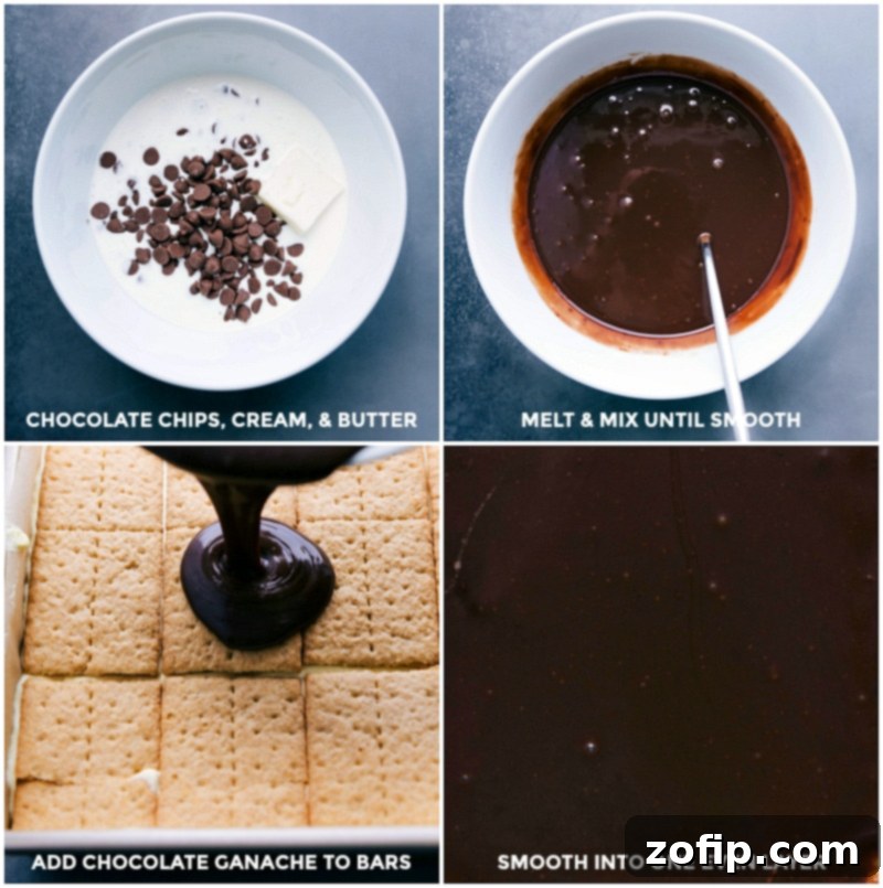 Making and Pouring Decadent Chocolate Ganache on Eclair Cake Image demonstrating the final step of making the glossy chocolate ganache and carefully pouring it over the layered Eclair Cake for a decadent, smooth finish.