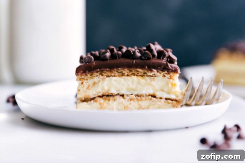 Gorgeous Slice of Layered Chocolate Eclair Cake A delicious and gorgeous slice of chocolate Eclair Cake, showcasing its beautiful, distinct layers of graham cracker, vanilla cream, and rich ganache, ready to be enjoyed as a decadent dessert.
