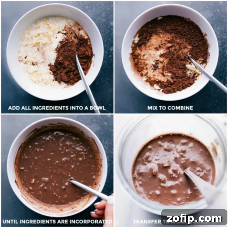 A step-by-step visual of preparing Almond Joy Overnight Oats: showing ingredients being carefully added to a mixing bowl, thoroughly combined, and then transferred into a neat mason jar for refrigeration.