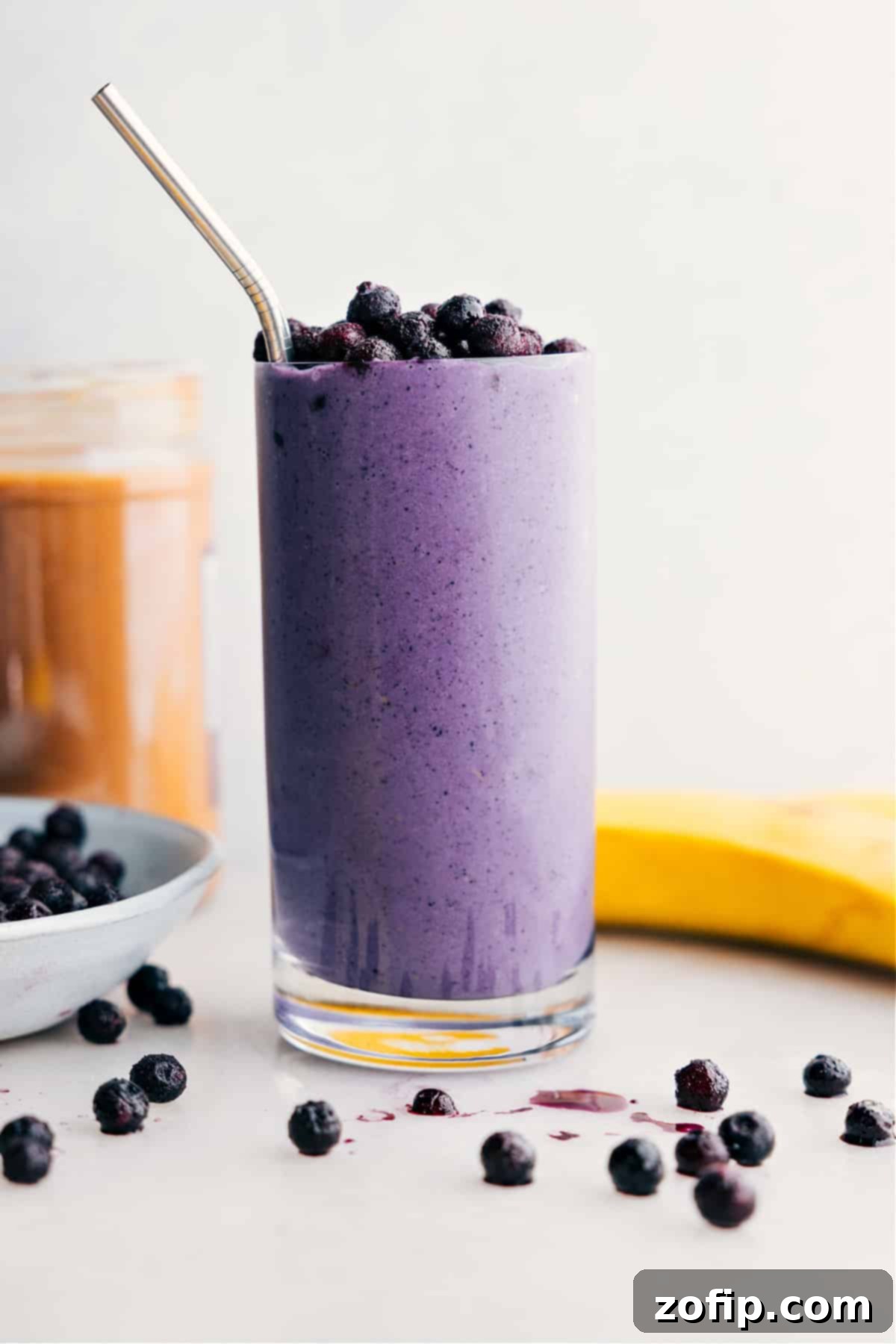 The best blueberry smoothie recipe blended up and served in a cup for the ultimate, refreshing breakfast.