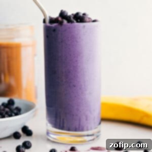 The best blueberry smoothie recipe blended up and served in a cup for the ultimate, refreshing breakfast.