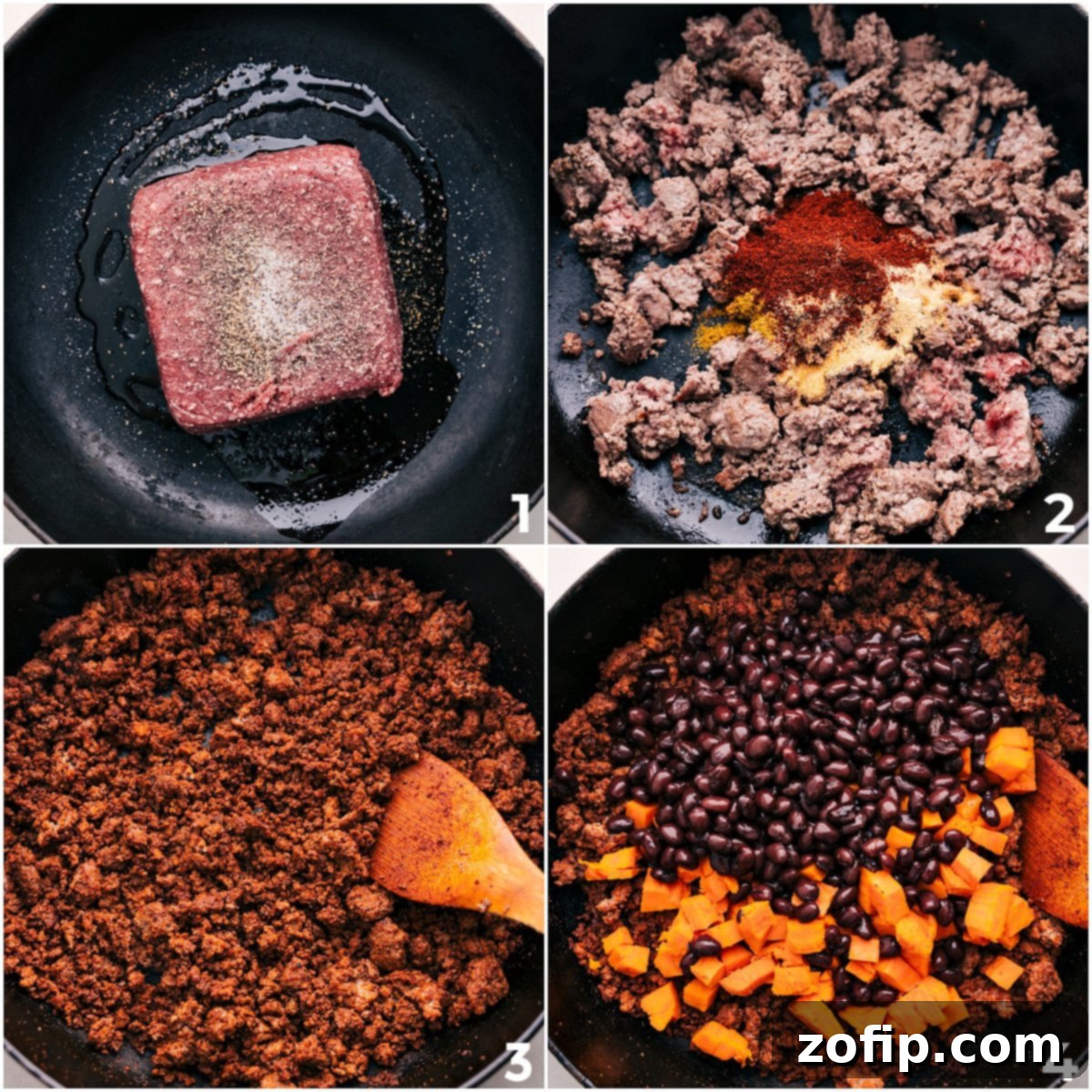 The cooking steps of the Ground Turkey Sweet Potato Skillet, showing browned ground turkey, mixed with rich seasonings, black beans, and diced sweet potatoes before being topped with cheese.