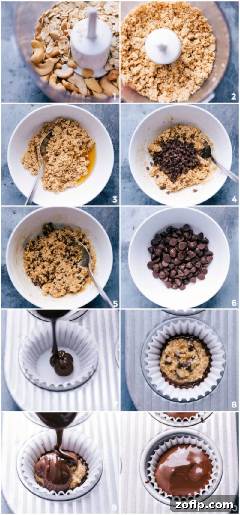 Photo collage showing step-by-step process to make Healthy Cookie Dough Cups, from mixing ingredients to coating in chocolate.