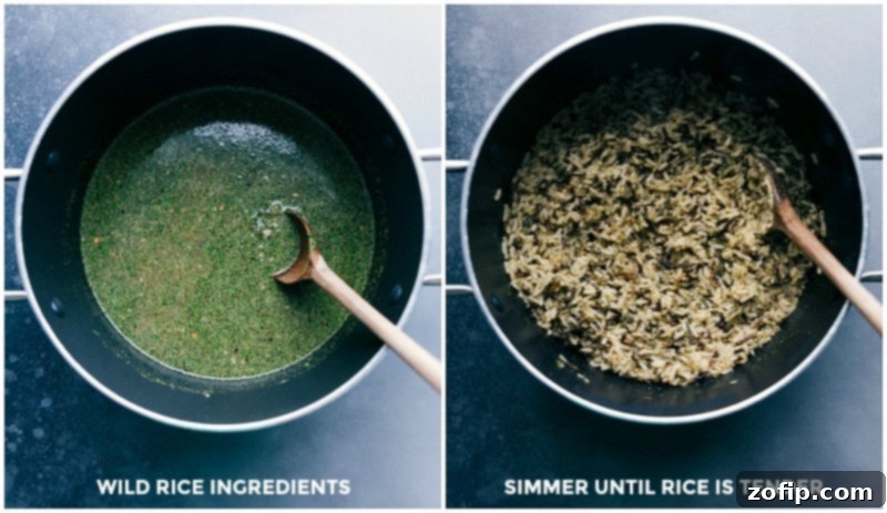 Detailed shot of ingredients combining in a pot to cook wild rice, illustrating the process of simmering to achieve tender, fluffy grains for a delicious meal.