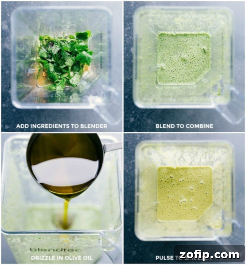 Ingredients for cilantro-lime sauce in a blender, then blended into a creamy green sauce, and finally drizzled with olive oil, showing the steps to emulsify and create the perfect dressing.