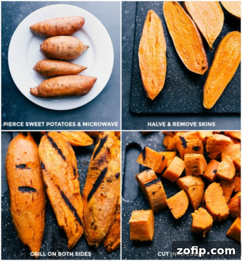 Steps for preparing sweet potatoes: piercing, microwaving, halving, peeling, grilling, and cubing, ensuring they are perfectly tender and slightly charred.