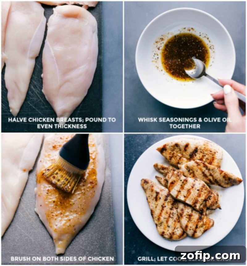 Detailed process of grilling chicken: pounding chicken breasts for even thickness, mixing seasonings with olive oil, brushing the chicken, grilling until cooked, cooling, and finally slicing.
