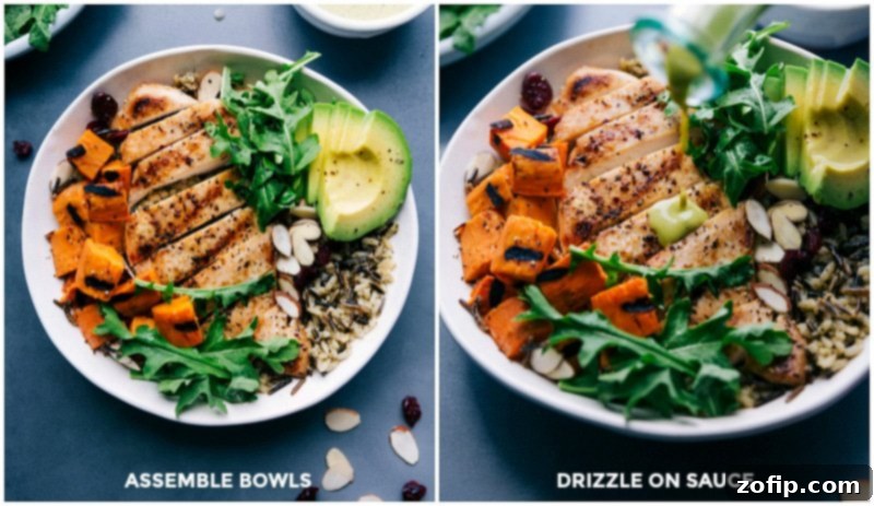 The final step of assembling chicken and wild rice bowls: arranging wild rice, chicken, and sweet potatoes, then generously drizzling with cilantro-lime sauce and adding optional fresh toppings.