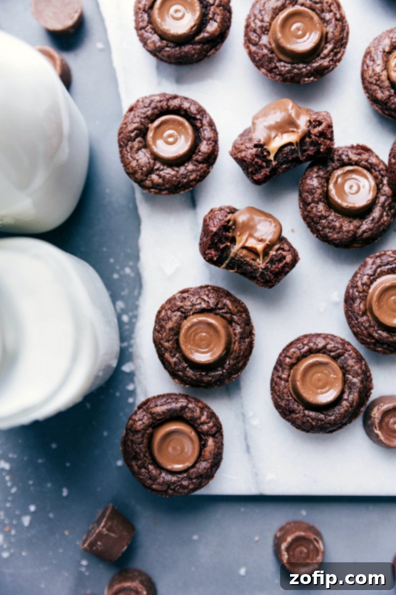 Mini brownie bites with rolos, a delicious dessert, garnished and ready to serve on a rustic wooden surface.