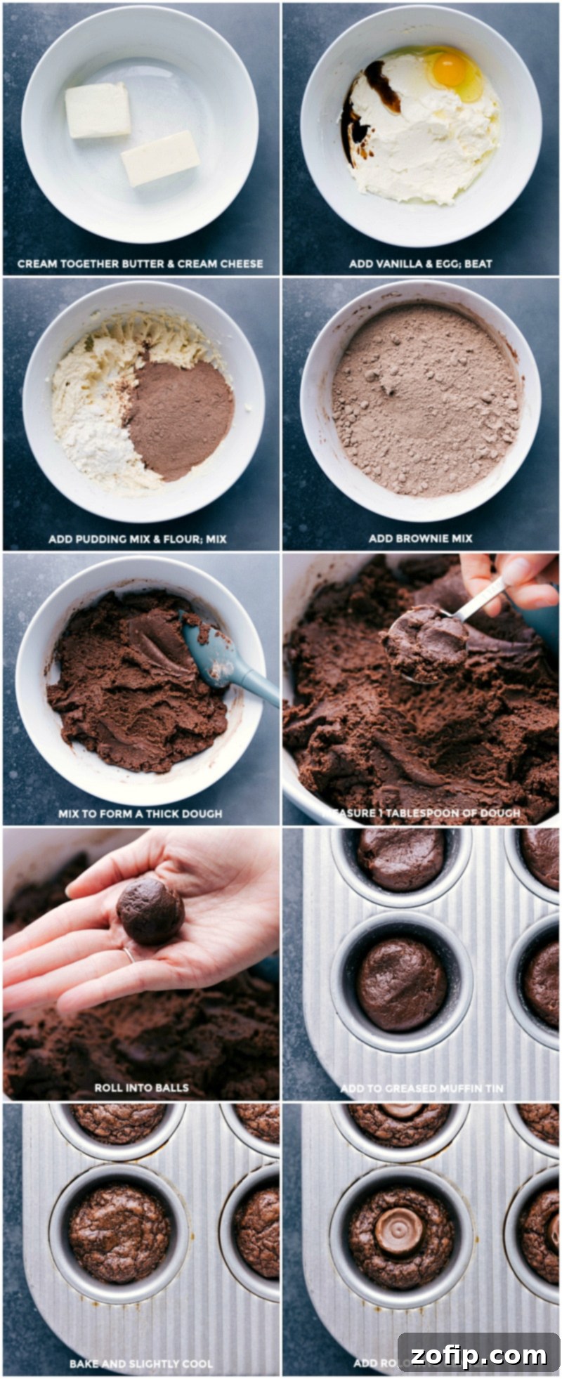 Step-by-step process of making Mini Brownie Bites with Rolos: creaming butter and cream cheese, adding vanilla and egg, mixing in pudding mix and flour, then brownie mix to form a stiff dough, rolling dough into balls, placing in muffin tin, baking, cooling slightly, and finally adding Rolos candies to the tops.
