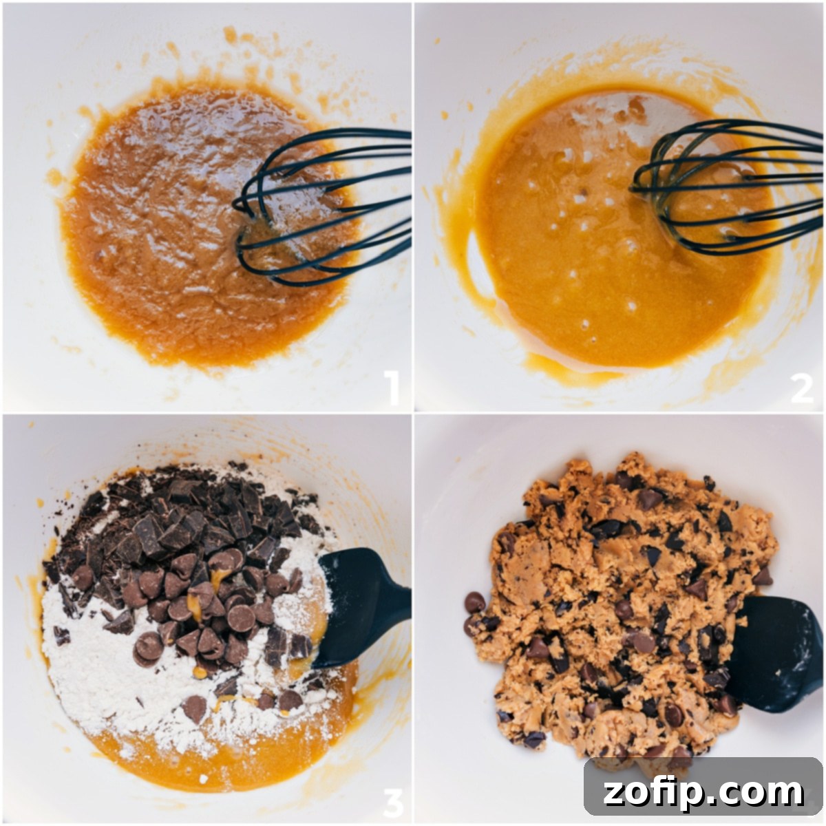 Wet and dry ingredients combined to make the dough for these Small Batch Chocolate Chip Cookies, showcasing a rich, smooth texture.