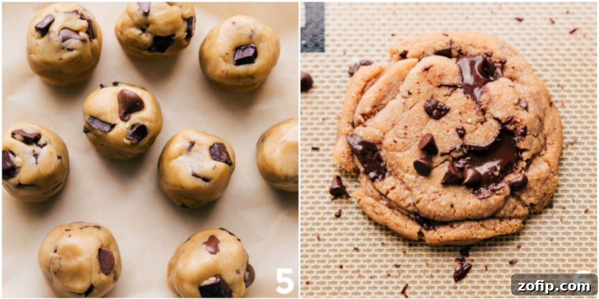 Dough balls rolled and placed on a sheet pan, then baked to golden perfection, with melted chocolate visible.