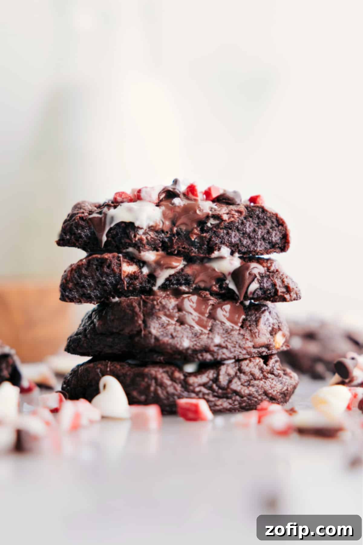 A stack of freshly baked Chocolate Peppermint Cookies, with one broken in half to reveal its gooey, melted chocolate and peppermint bark interior, dusted with a hint of powdered sugar.