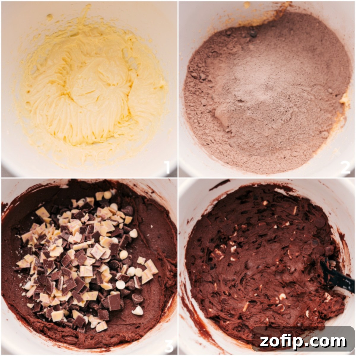 A large mixing bowl filled with rich chocolate cookie dough, with chunks of peppermint bark and chocolate chips folded in, ready to be shaped.