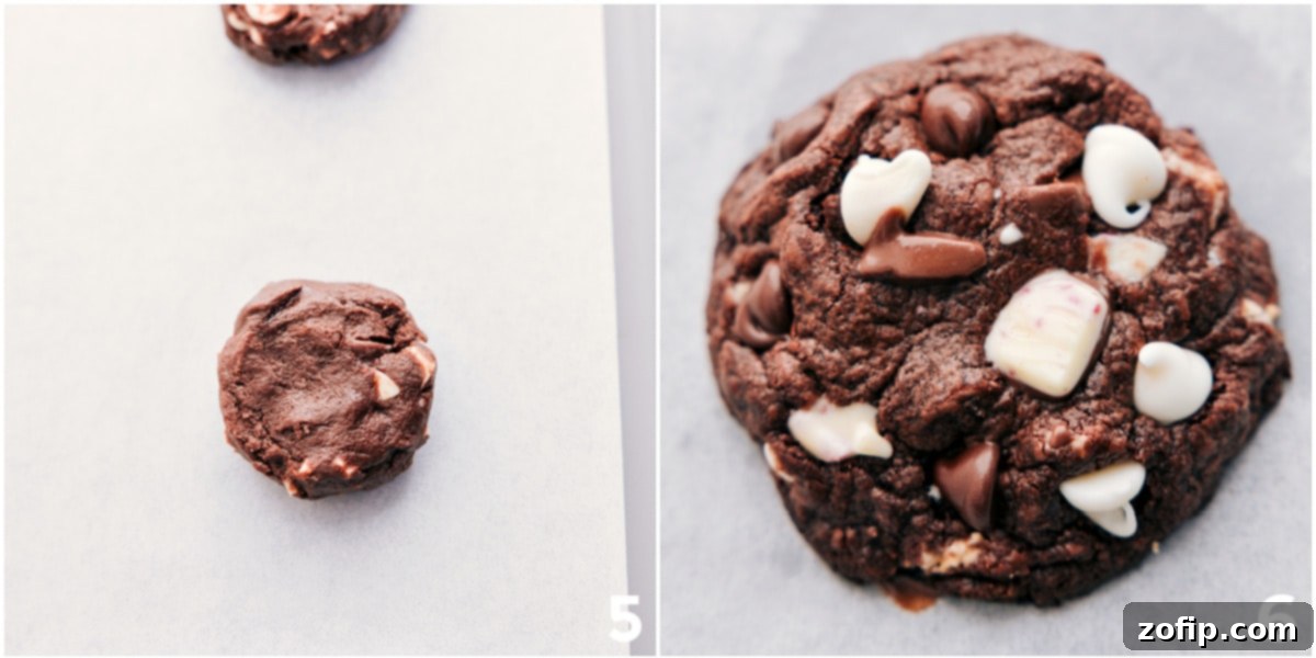 Round, flattened chocolate peppermint cookie dough balls arranged neatly on a silicone-lined baking sheet, ready for the oven.