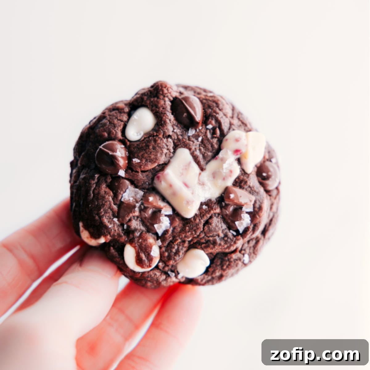 A close-up of a stack of warm, freshly baked chocolate peppermint cookies, sprinkled with flaky sea salt and garnished with extra peppermint bark pieces, ready to be enjoyed.