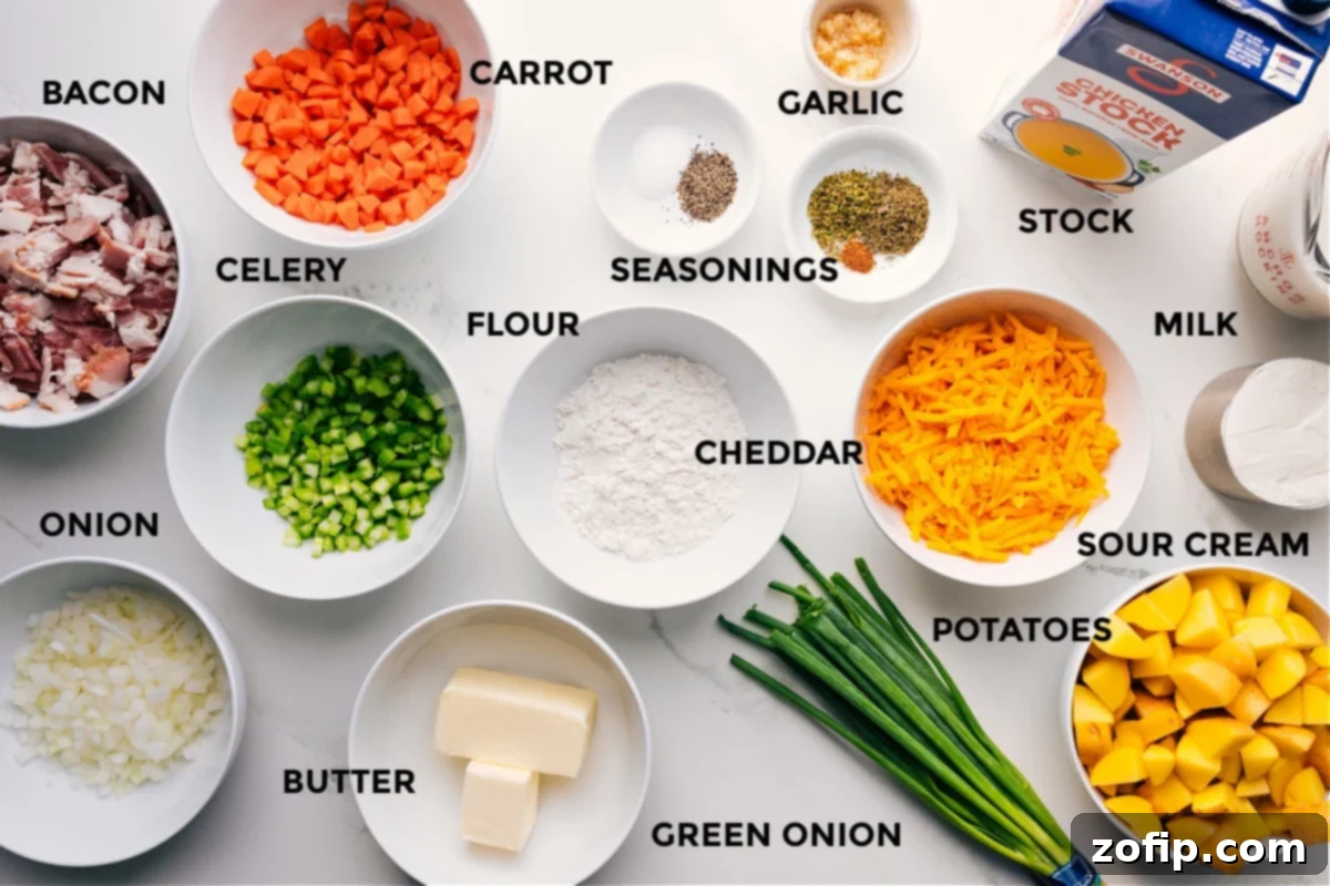 All ingredients for Loaded Potato Soup prepped and ready to assemble, including bacon, onion, carrot, celery, potatoes, seasonings, and cheese.
