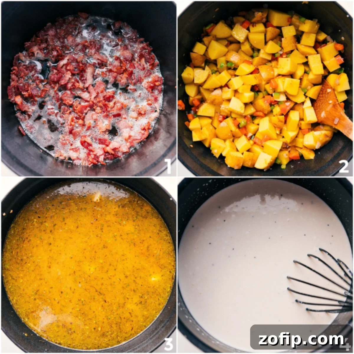 Bacon cooking in a pot, followed by sautéed veggies with broth and cream added to simmer for Loaded Potato Soup.
