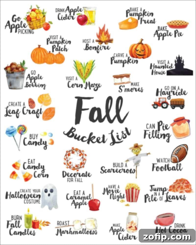 Free Printable Fall Bucket List featuring autumn leaves, pumpkins, and a warm, inviting aesthetic, with space to check off completed activities.