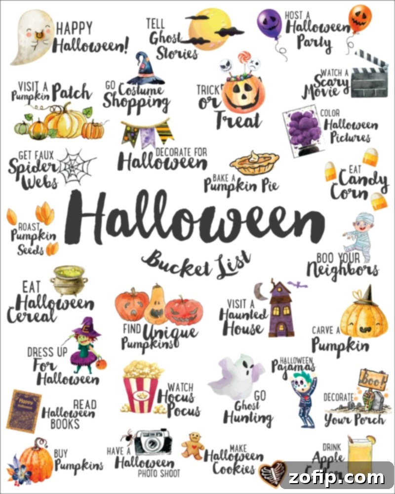 Free Printable Halloween Bucket List featuring spooky icons like ghosts, bats, and pumpkins, designed for a festive October.