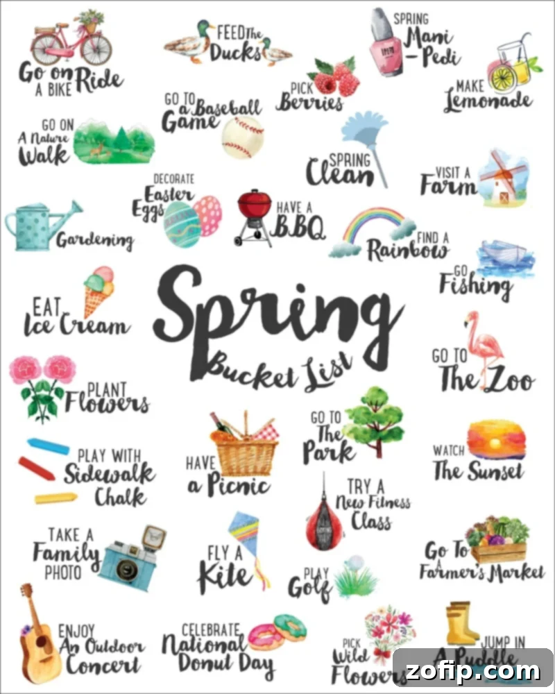 Free Spring Bucket List to print out and check off, featuring colorful illustrations of various spring activities and themes.