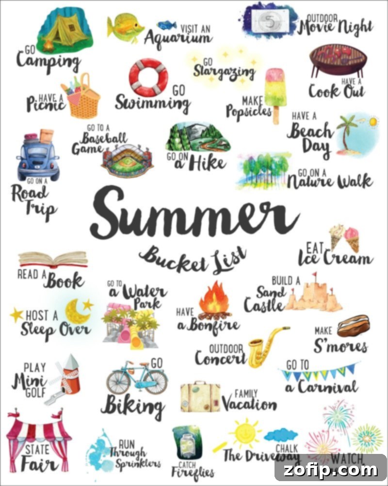 Free Summer Bucket List printable featuring fun summer activities like swimming, cookouts, and making s'mores.