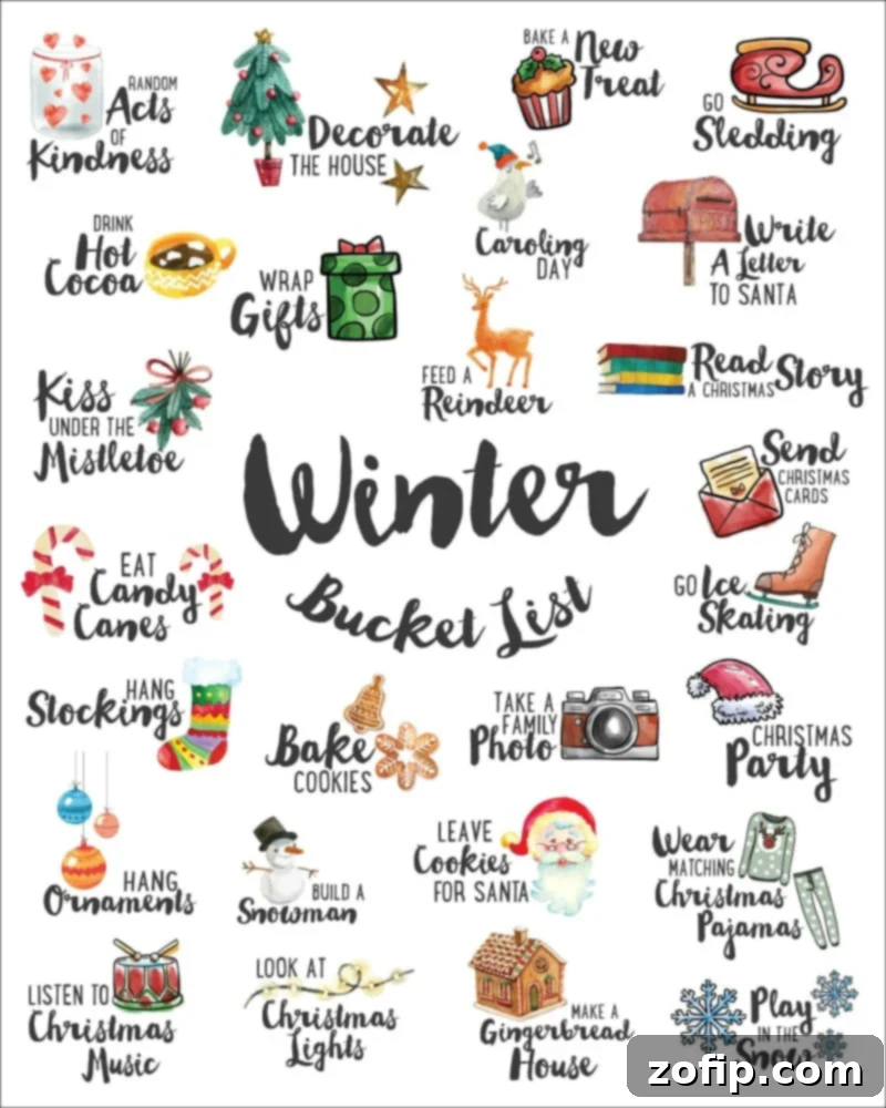 Your Ultimate Winter Fun Guide 2 Free printable winter bucket list featuring cozy activities like baking cookies, enjoying hot chocolate, and snow fun.