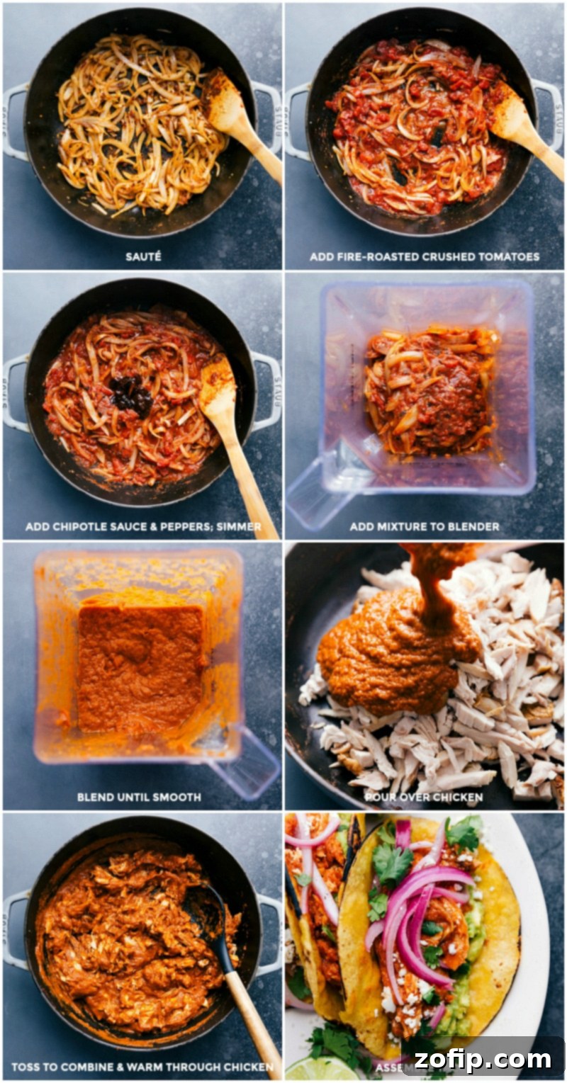 Adding roasted crushed tomatoes to the onions, then transferring the onion and tomato mixture to the blender, blending it, and pouring it over the chicken to complete the chicken tinga tacos recipe