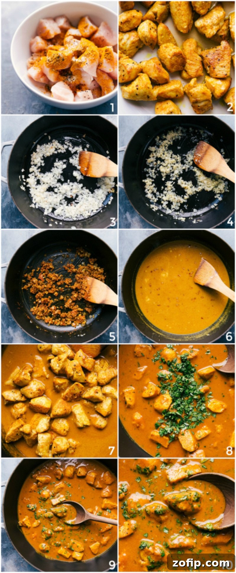 Process shots-- images of Chicken Curry being made from start to finish. Shows the key stages of cooking, from browning chicken to simmering the sauce.