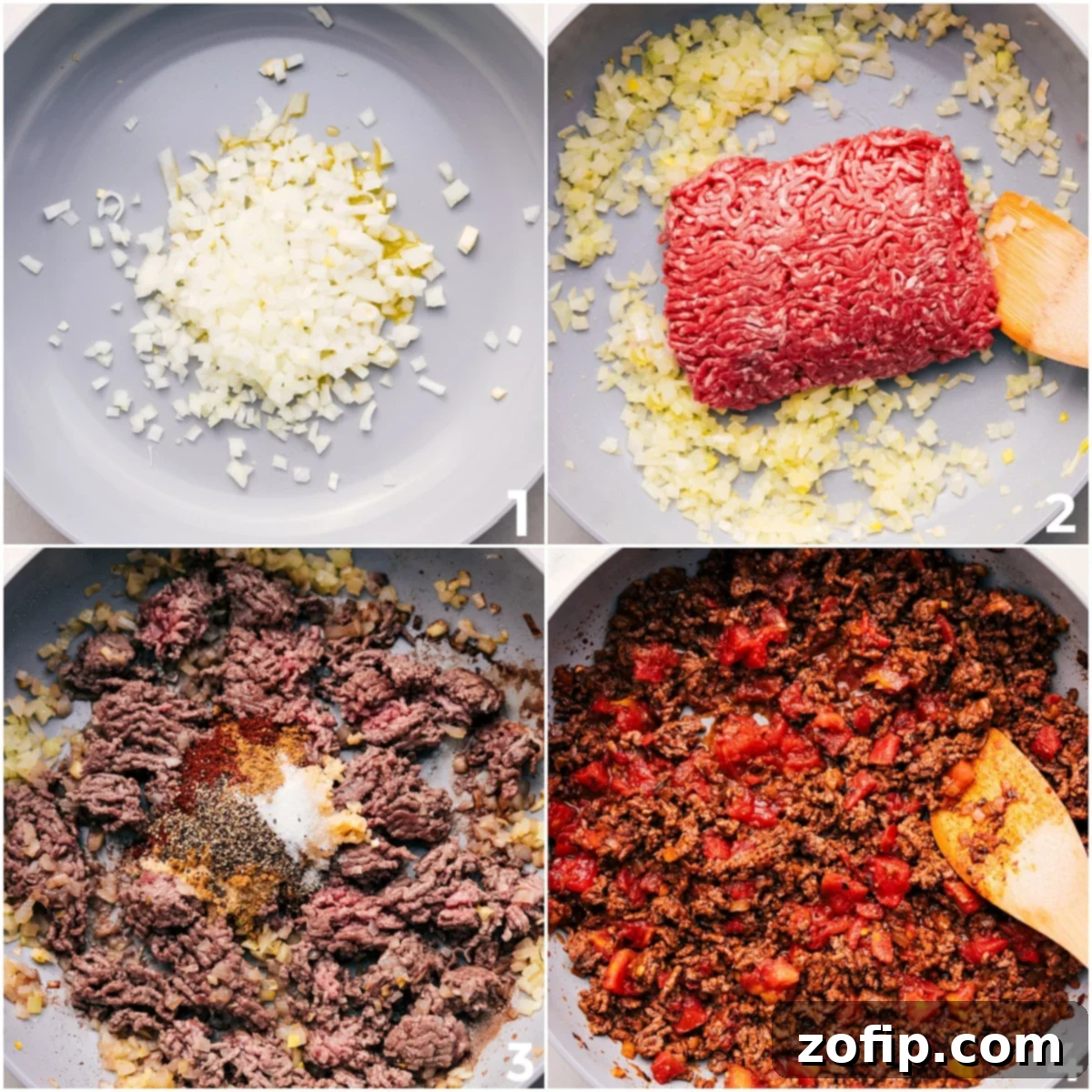 Step-by-Step Guide: How to Make Taco Skillet Sautéing the ground meat with seasonings and diced tomatoes in a large skillet, the initial step for crafting this quick and easy taco skillet recipe.