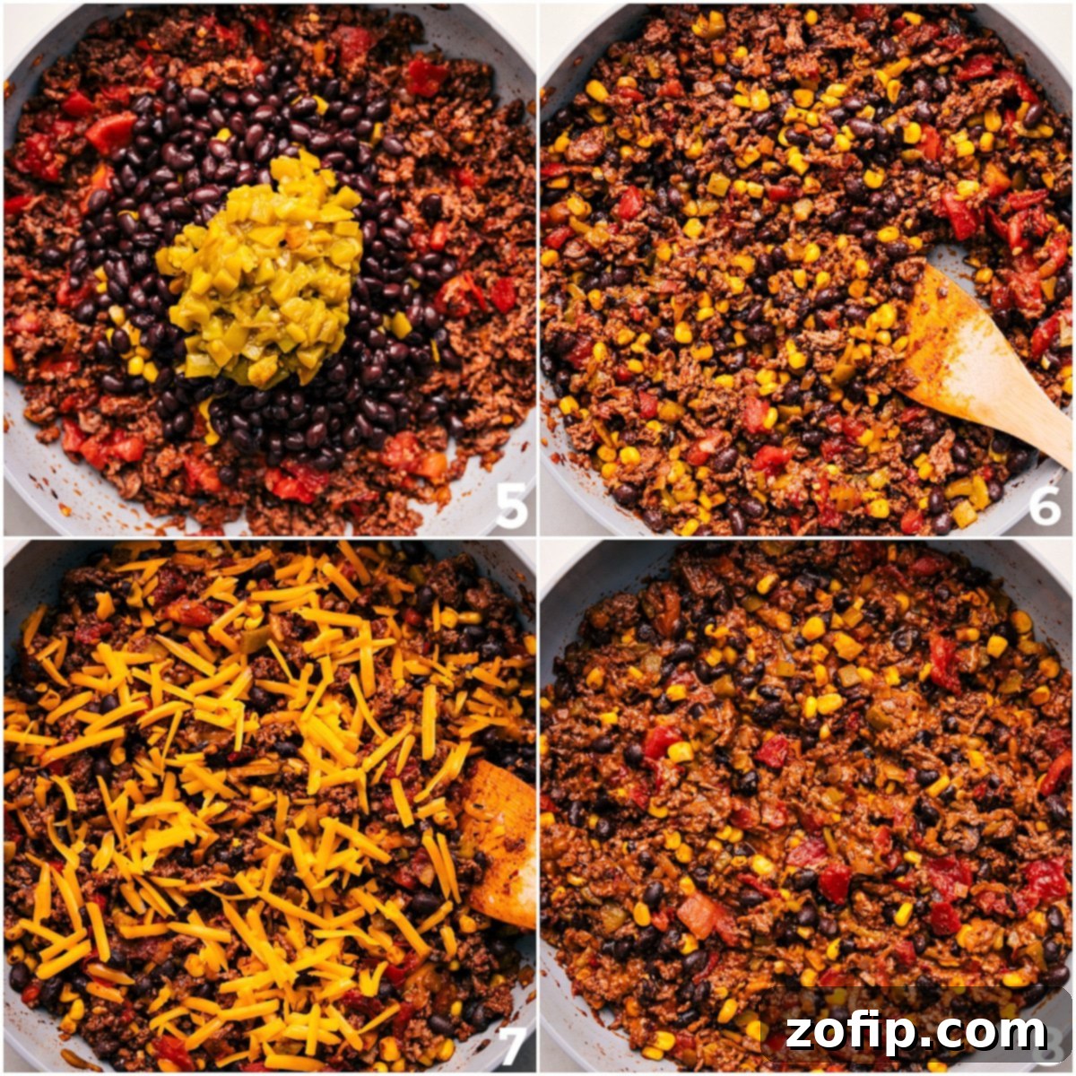 Effortless One Pot Taco Skillet Recipe Adding black beans, frozen corn, and diced green peppers to the skillet, then stirring in shredded cheese to create a rich and creamy one-pot taco skillet recipe.
