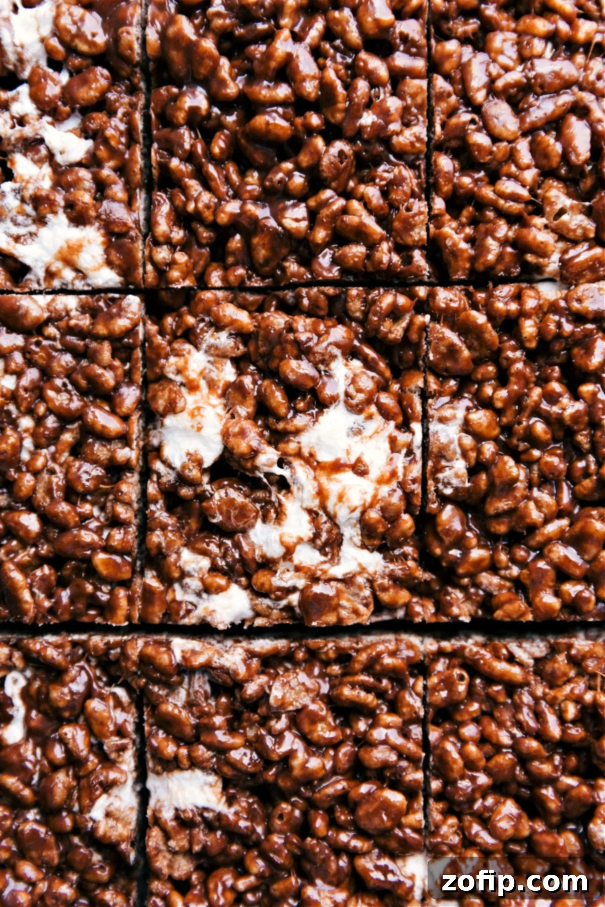 The Best Chocolate Rice Krispie Treats Recipe Gooey Chocolate Rice Krispie Treats cut into neat squares, showing off their rich brown color and marshmallow texture.