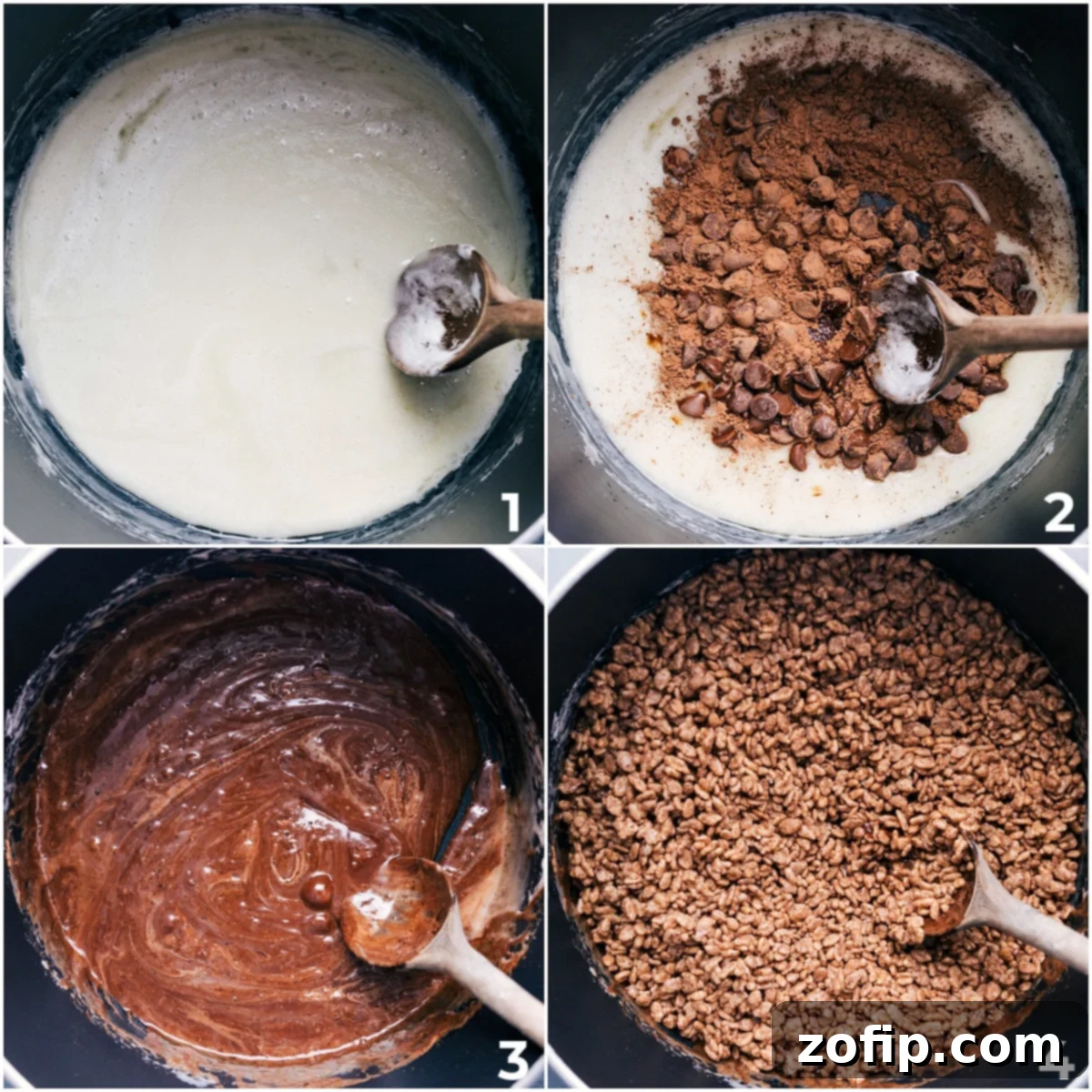 How To Make Chocolate Rice Krispie Treats Melting marshmallows and cocoa powder in a large pot, ready to be mixed with cereal.