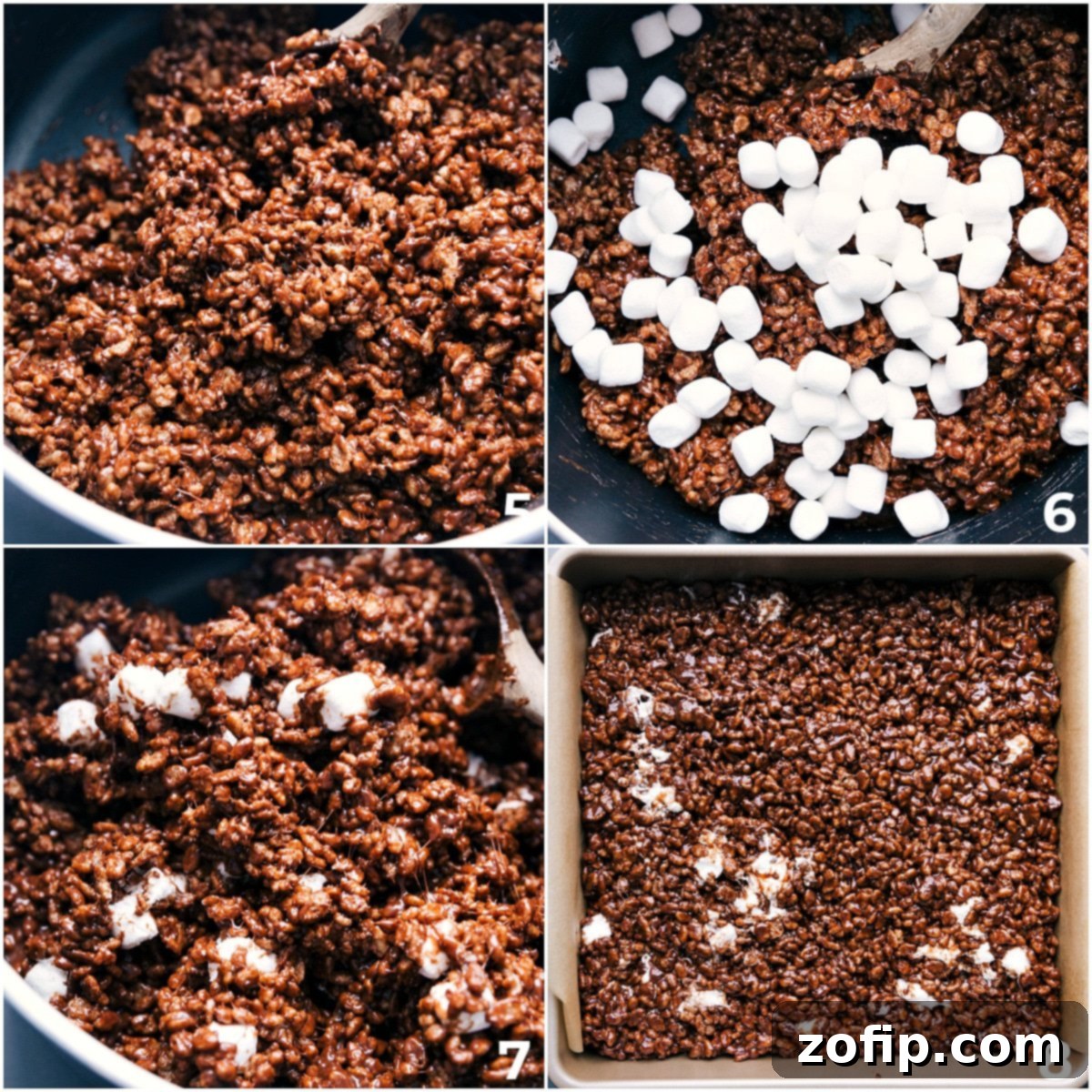 Simple And Delicious Chocolate Rice Krispie Treats The chocolate marshmallow mixture being pressed into a 9x9 inch pan, showing its rich, dark color.