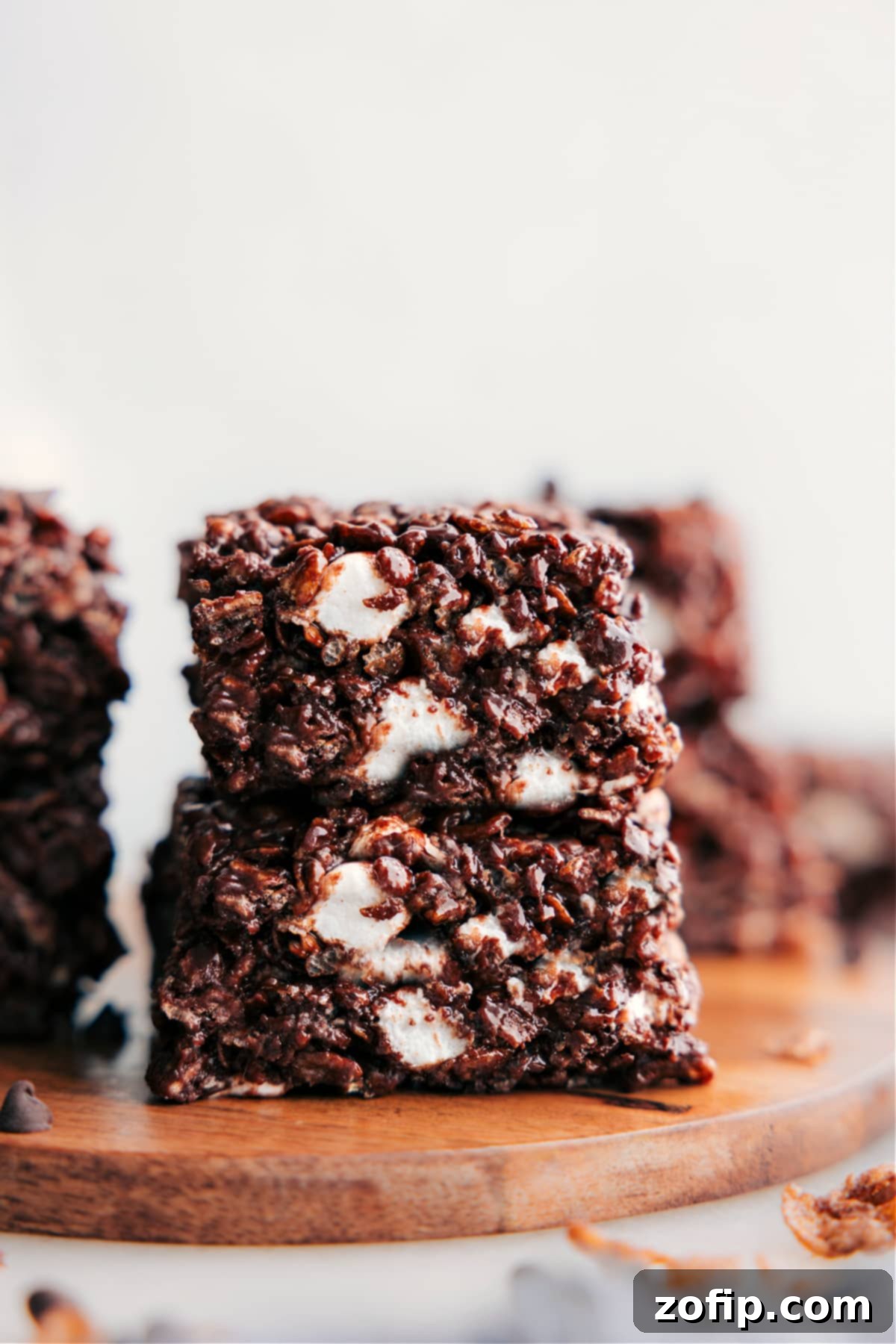 Delicious Chocolate Rice Krispie Treats Several chocolate Rice Krispie Treats stacked on a plate, ready to be enjoyed.