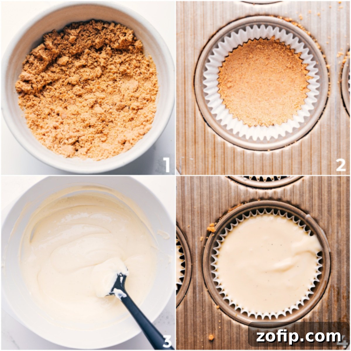 Graham cracker crust mixed and pressed into a muffin tin, then cheesecake filling mixed and poured on top for this mini cheesecake recipe.