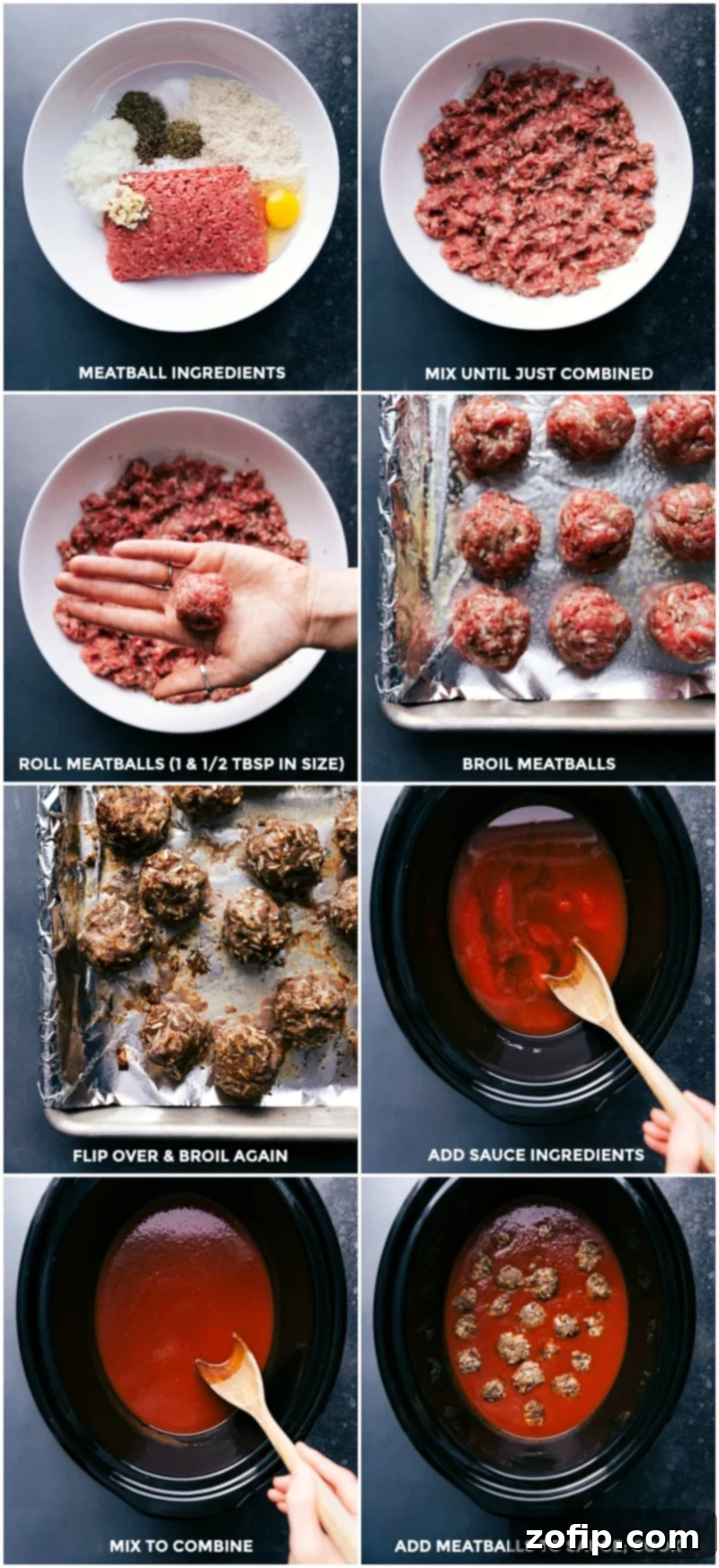 Ingredients being mixed and rolled into meatballs before broiling and adding to a slow cooker to simmer in sauce.