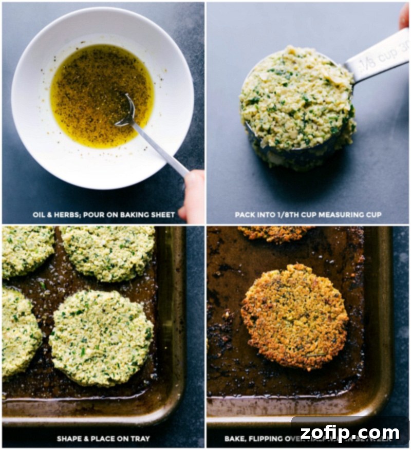 Preparing Falafel: Dipping in Herbed Oil, Sizing with Measuring Cup, and Baking on Tray Herbed oil for dipping the dish before baking, then the mixture in a measuring cup for consistent sizing, and them being placed on a tray for baking.