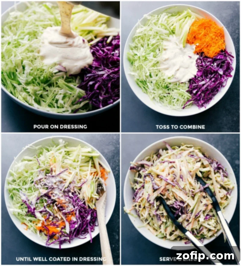 The finished creamy dressing is poured generously over the prepared shredded cabbage, carrots, and apples, ready for thorough mixing to create the perfect coleslaw.
