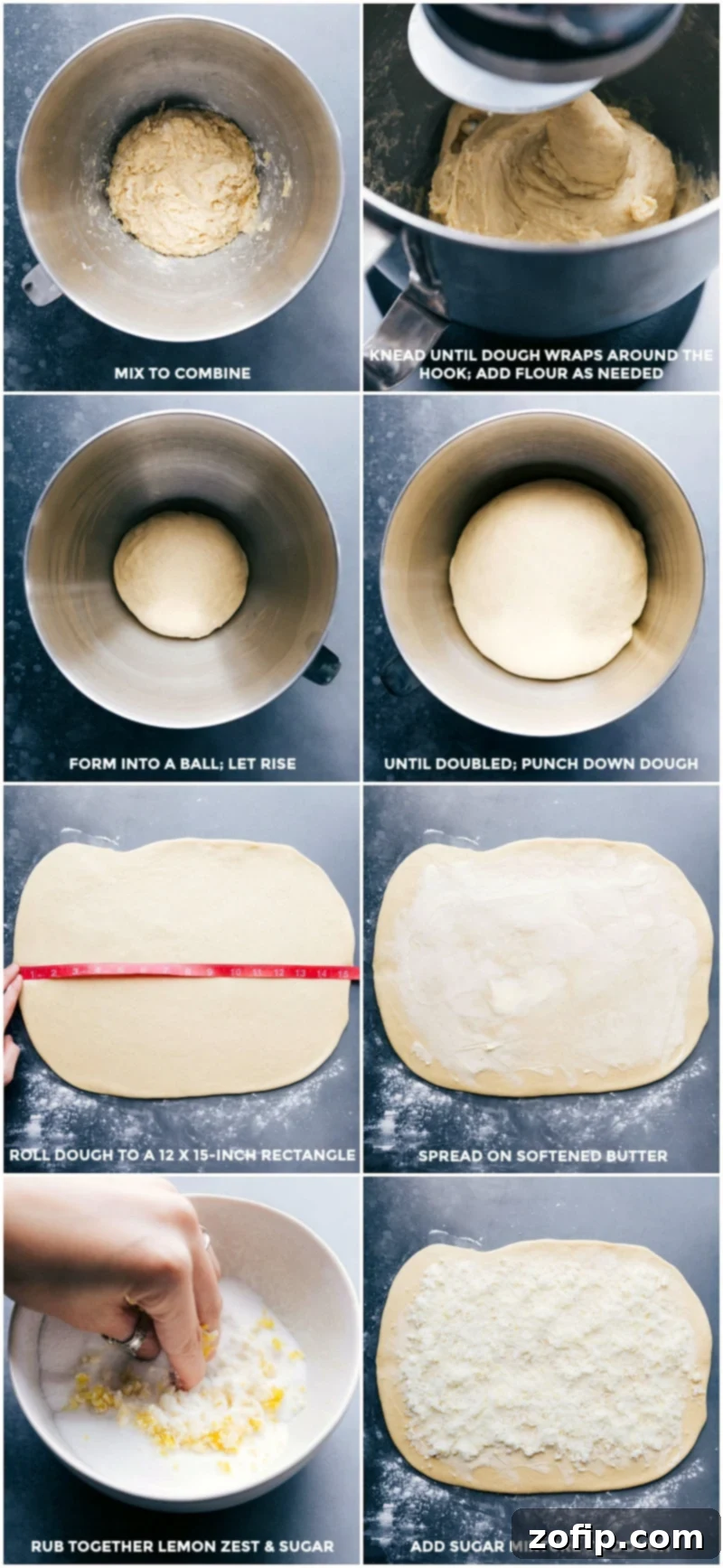 Dough Preparation Stages: Mixing, Rising, Rolling, and Filling A visual guide to making sweet roll dough: from the initial mixing of ingredients, through the crucial rising period, to rolling out the dough, and finally generously adding the fragrant lemon-sugar filling.