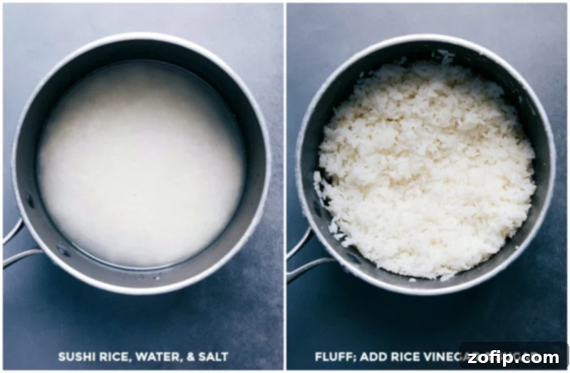 Perfecting Sushi Rice: From Uncooked to Seasoned and Fluffy Sushi rice preparation process: showing uncooked rice, cooked fluffy rice, and then rice mixed with vinegar and sugar.