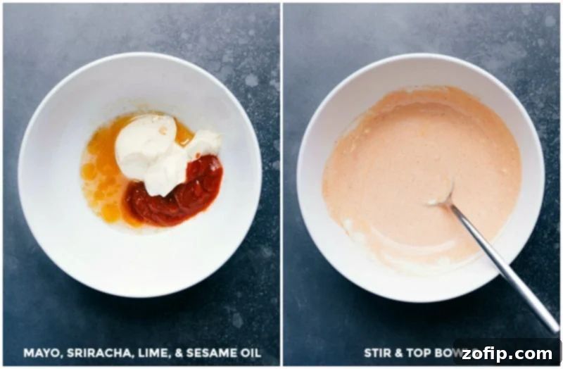 Crafting the Zesty Spicy Mayo for Sushi Bowls The process of making spicy mayo: combining mayonnaise, sriracha sauce, fresh lime juice, and sesame oil in a bowl.