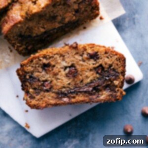 Super-moist banana bread swirled with Nutella and chocolate chips.