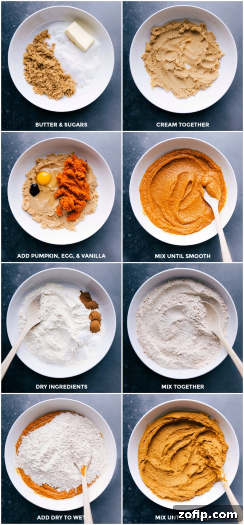 Mixing Pumpkin Cookie Dough - Combining Wet and Dry Ingredients Process of mixing pumpkin cookie dough ingredients including beating butter and sugars, adding egg and vanilla, mixing until smooth, and finally incorporating dry ingredients.