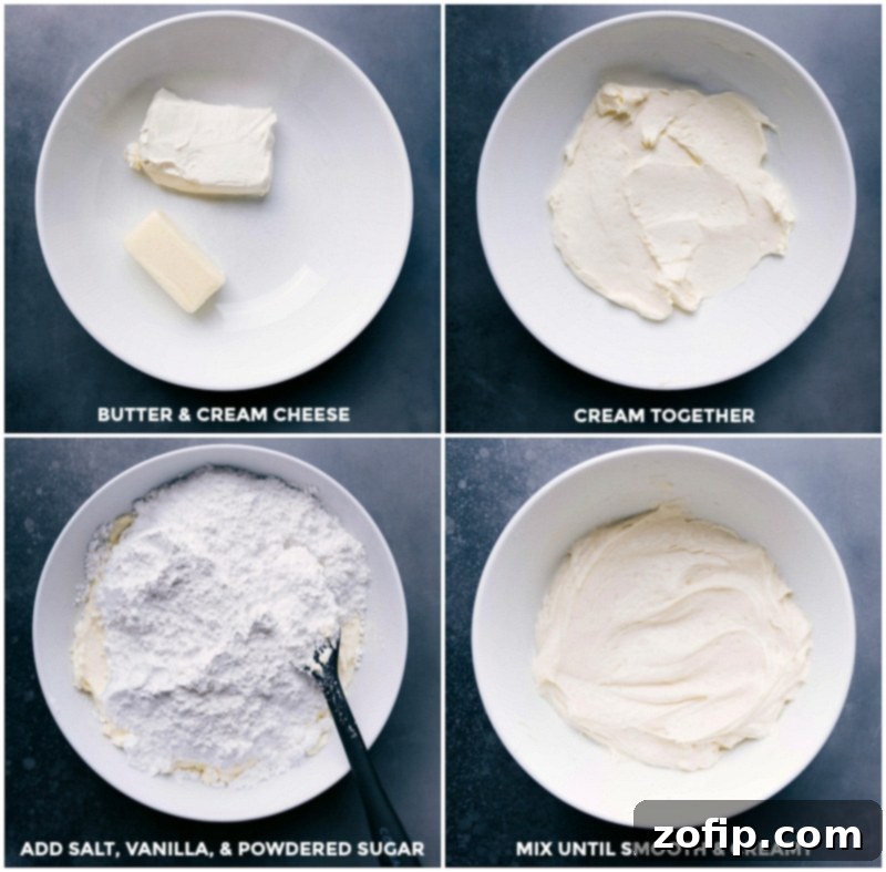 Preparing Cream Cheese Filling - Smooth and Delicious The process of preparing cream cheese frosting, including creaming softened butter and cream cheese, adding salt, vanilla extract, and powdered sugar, and mixing until smooth and creamy.